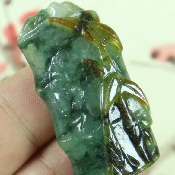 Certified Green 100% Natural A Jade jadeite Pendant Carved bamboo - Picture 2 of 6